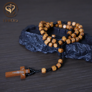 LinkOra Wooden Rosary Necklace with Engraved Jesus Medal