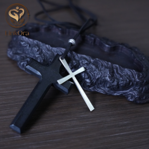 LinkOra Double Layer Black Bracelet with Alloy & Wooden Cross