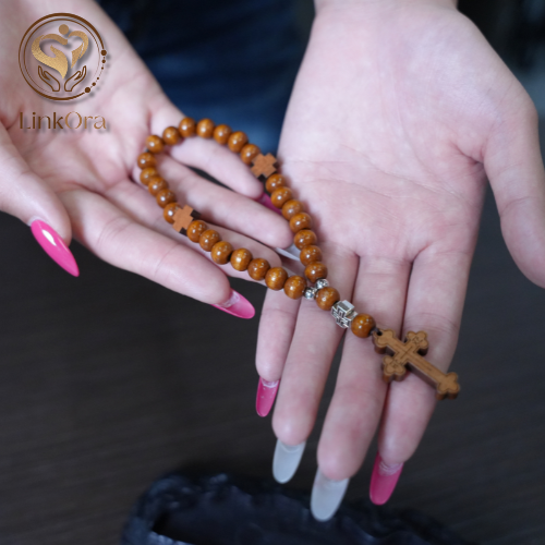 LinkOra Natural Wood Beaded Cross Bracelet - Image 4
