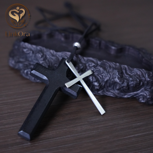 LinkOra Double Layer Black Bracelet with Alloy & Wooden Cross - Image 3