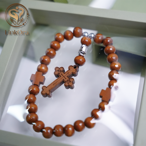 LinkOra Natural Wood Beaded Cross Bracelet - Image 3